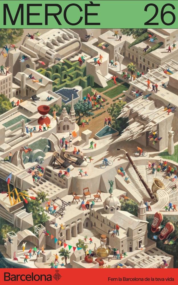 Cartell oficial de La Mercè 2026 a Barcelona, amb monuments i activitats de la festa major